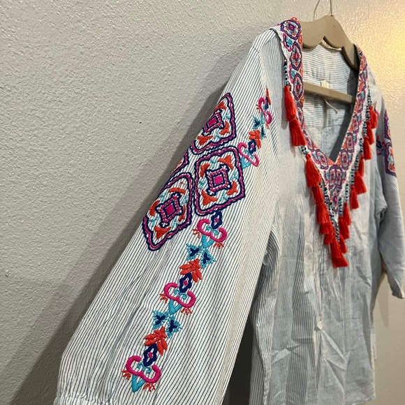 Chico’s Pin Striped 100%Cotton Tassel Trim Top, Chico’s Size 2P-US Medium Petite - Picture 6 of 11